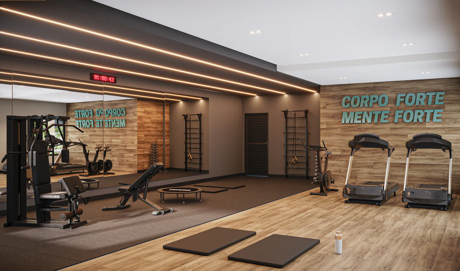 Academia equipada com esteiras e estação de musculação