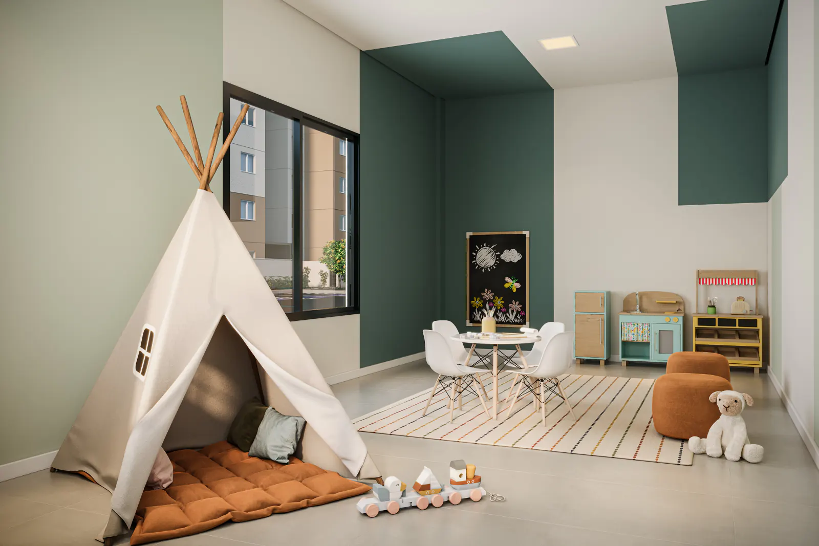 Brinquedoteca com cabana, lousa e brinquedos