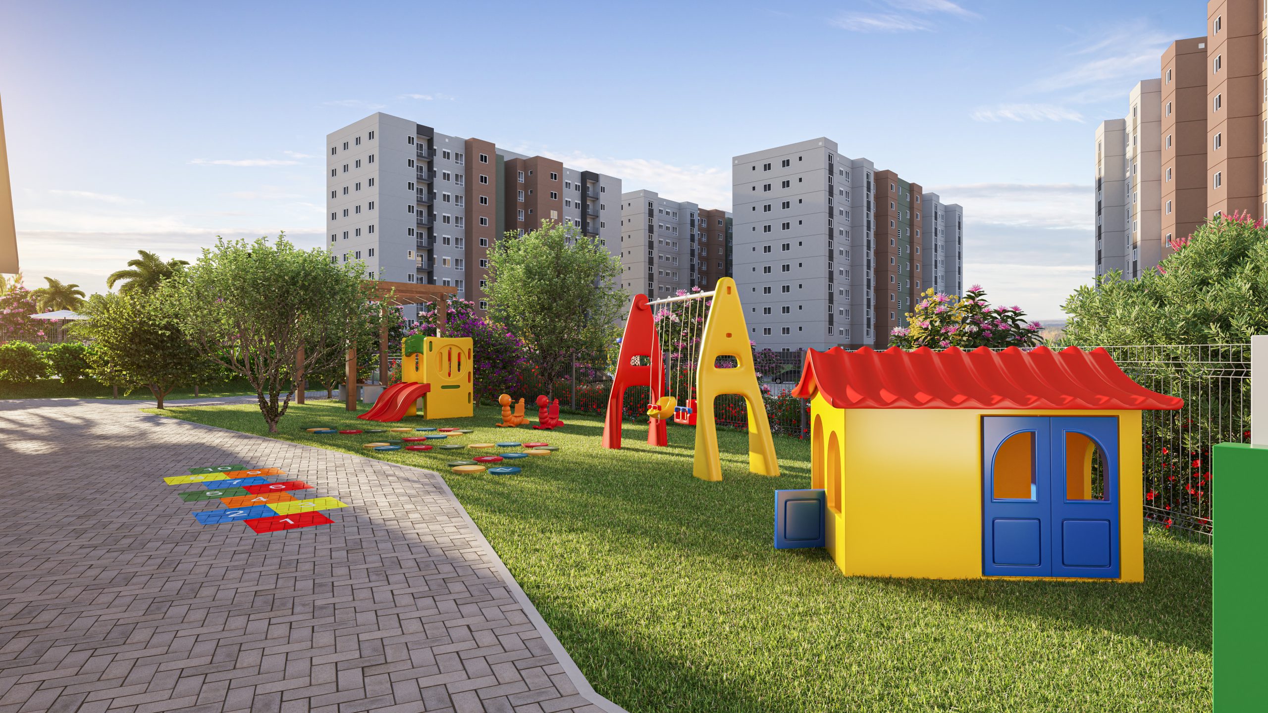 Playground colorido com casinha e balanços