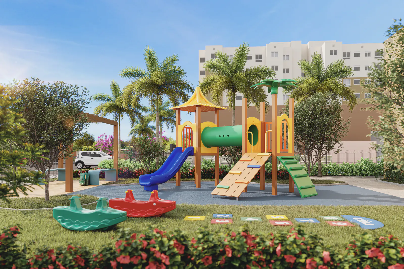 Playground colorido com escorregador e gangorras