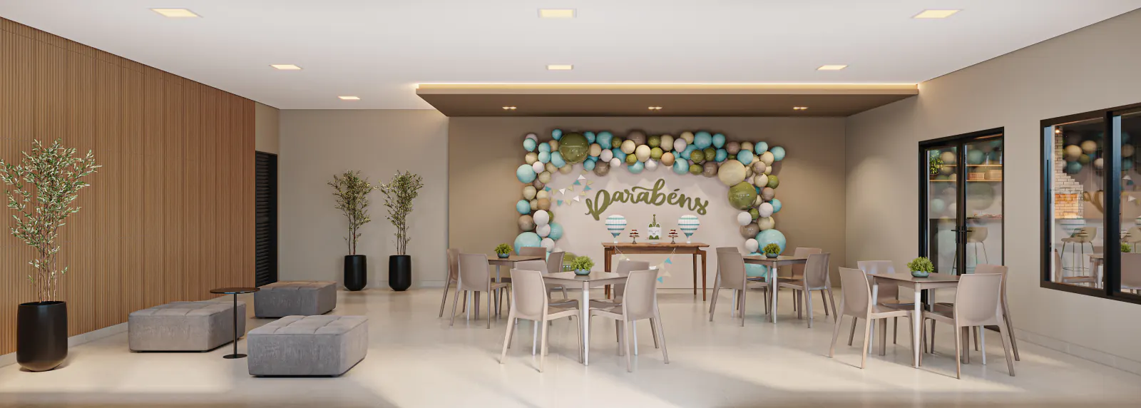 Segundo salão de festas do Vista dos Colibris, amplo, com lounge e área decorada