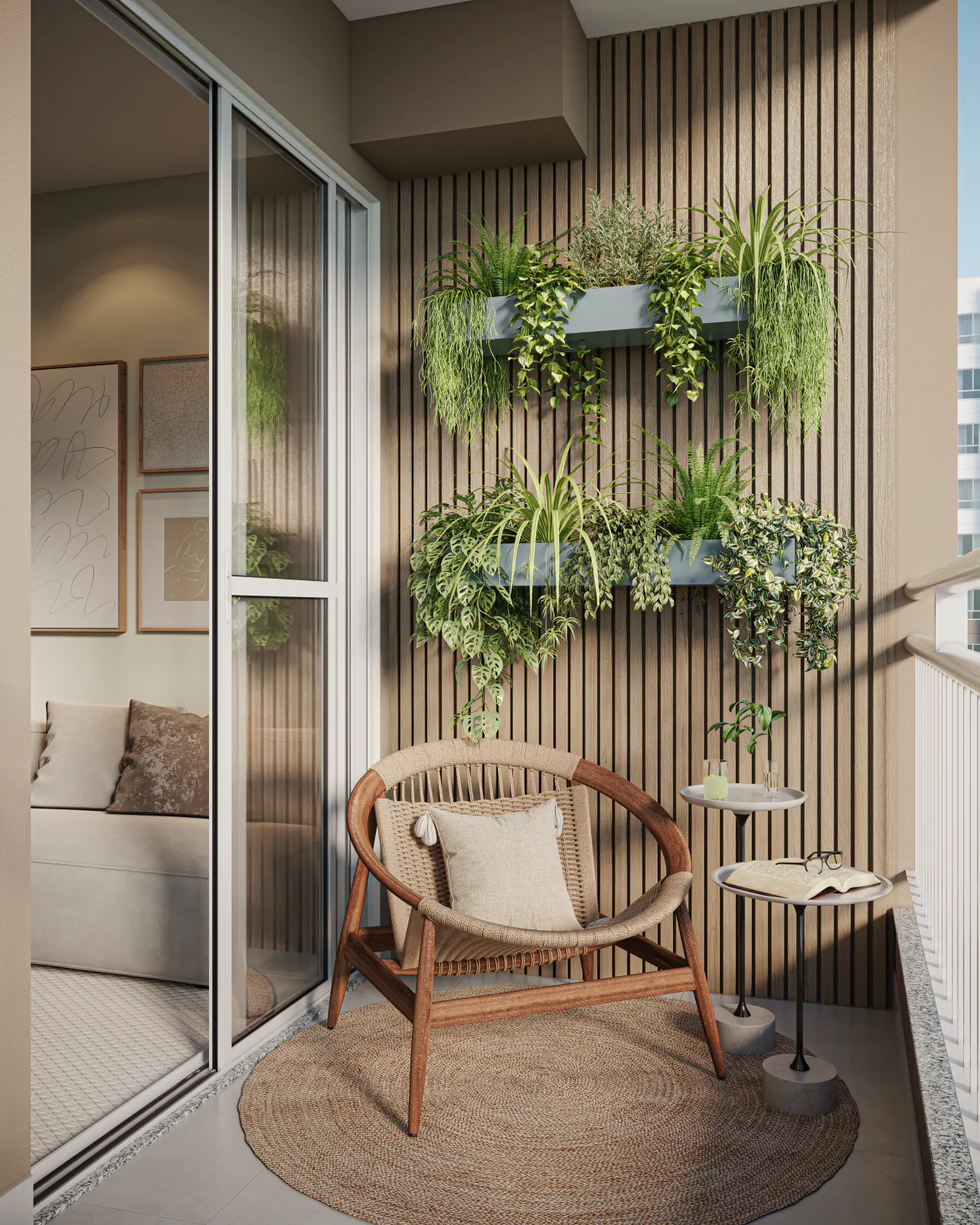 Varanda do apartamento do Vista dos Colibris com painel ripado e jardim vertical